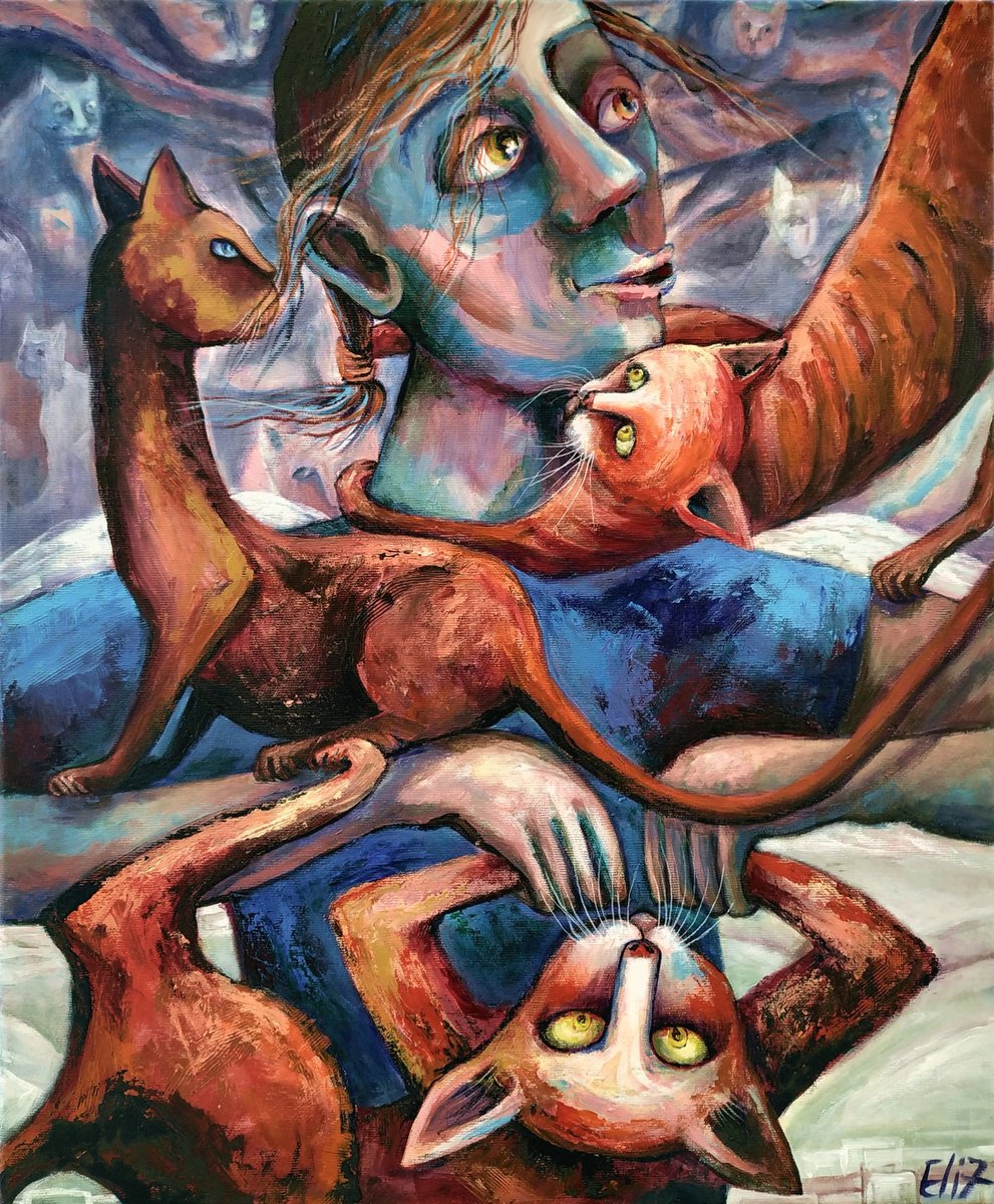 Expressive Animal Acrylic Painting By Elisheva Nesis, 20 X 24, Angel Luv, Original Artwork