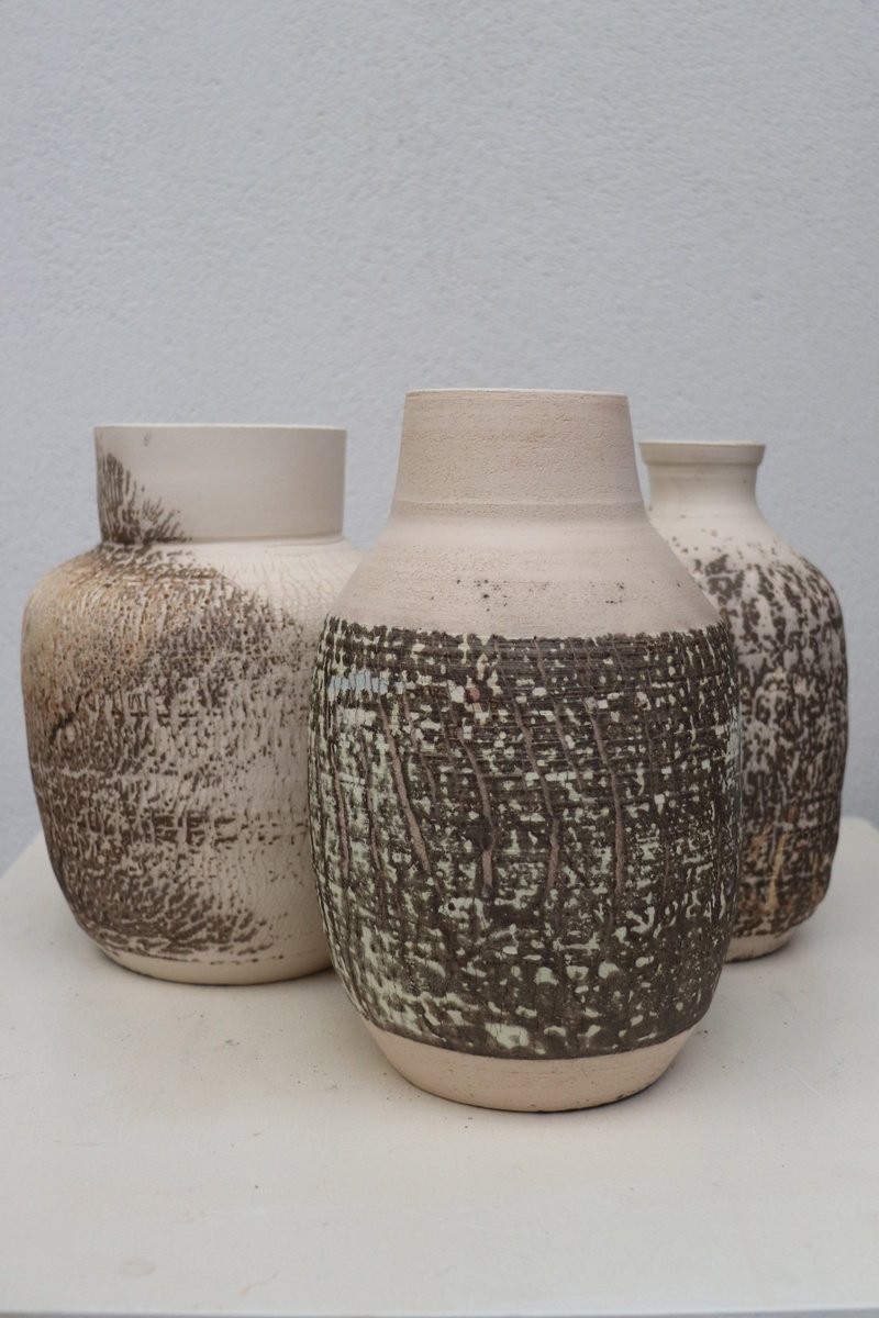 Geometric Abstract Clay Sculpture By Koen Lybaert, 15 X 8", 3 Obvara Vessels, Original Artwork