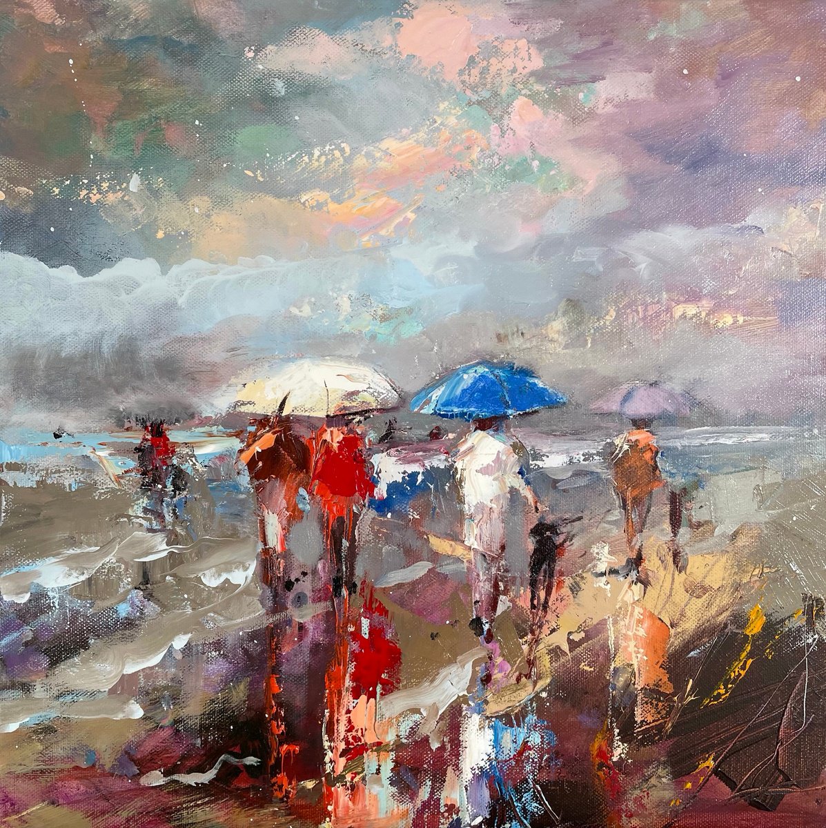 Stroll In Rainy Beach By Ewa Czarniecka, 16 X 16, Artwork For Sale On Artfinder