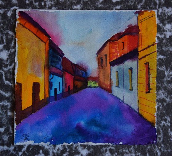 Original watercolor painting on craft paper Prague Golden Street