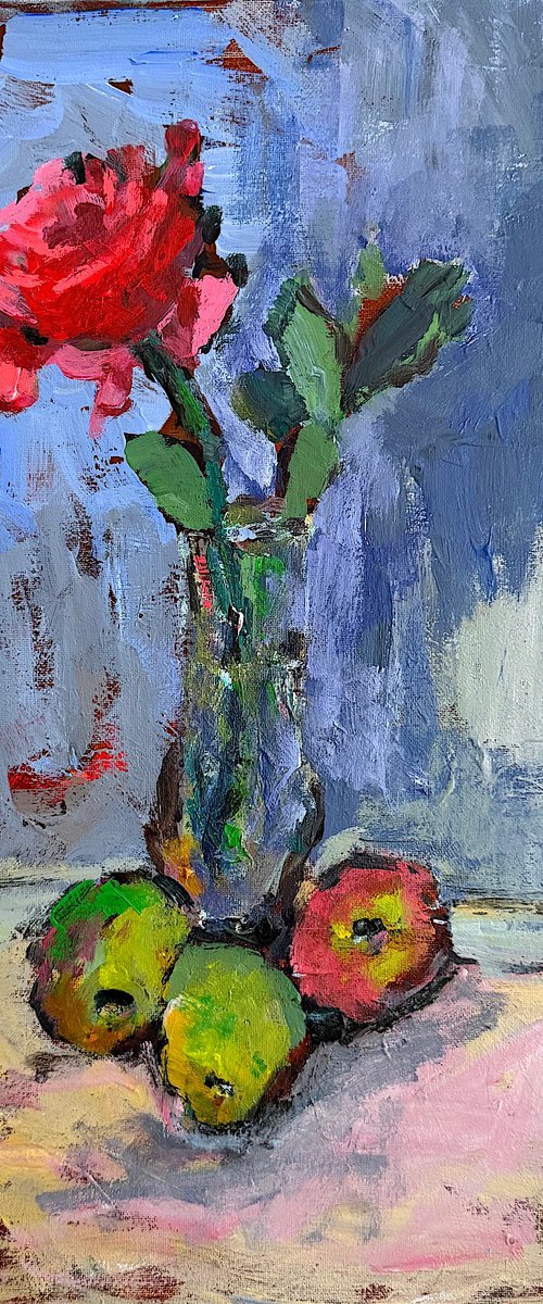 Still Life with Red Rose , Vase, and Fruit. by Mutlu Ertac