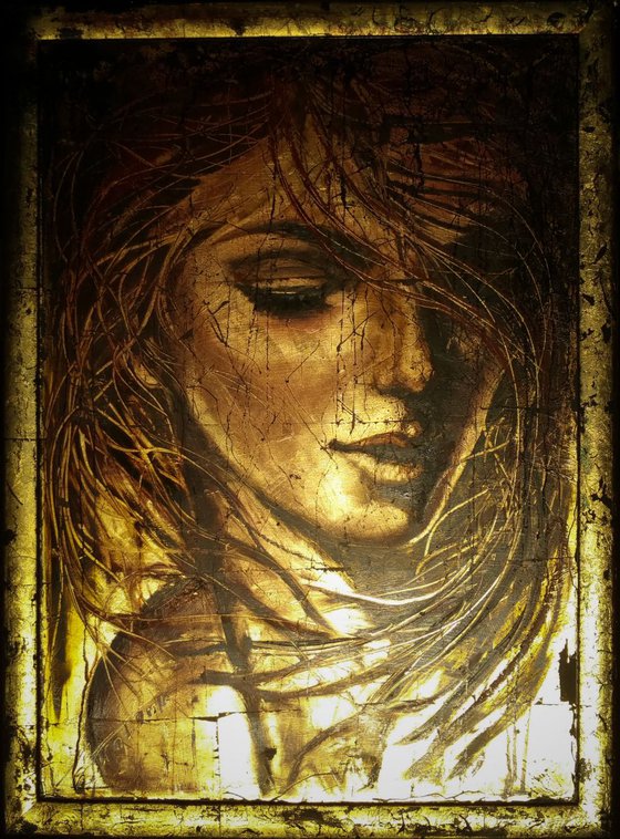 "Ginger gold", original mixed-media painting, 75.5x55.5x1 cm, ready to hang