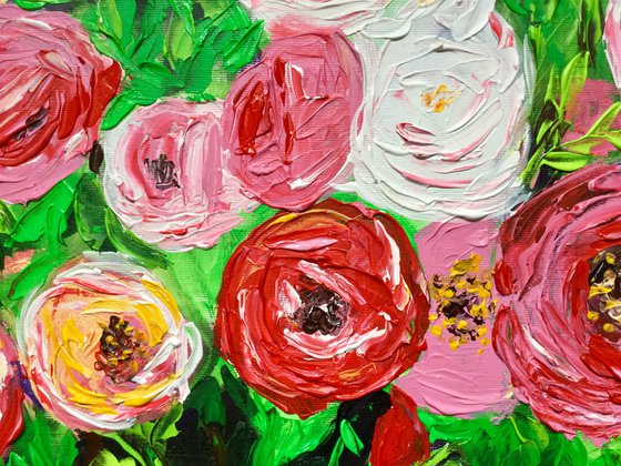 WHITE PINK YELLOW RED  ROSES IN A GARDEN palette knife modern still life  flowers office home decor gift