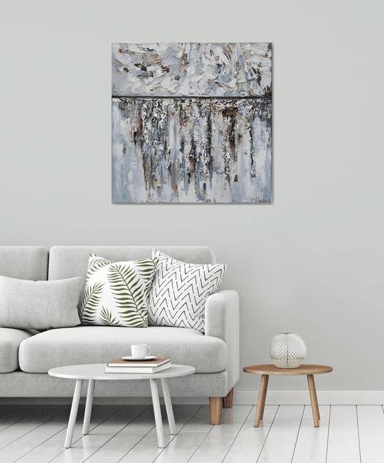 "Snow" white textured abstract Painting - 90 x 90 cm - Original oil painting