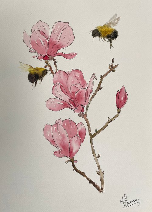 Bumble Bees &  Pink Magnolias by Teresa Tanner