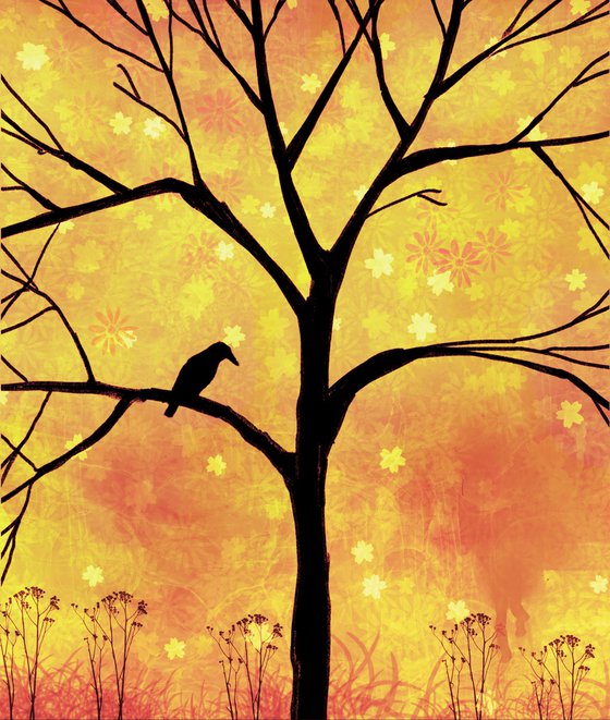 In the orange grove, cute bird tree artwork