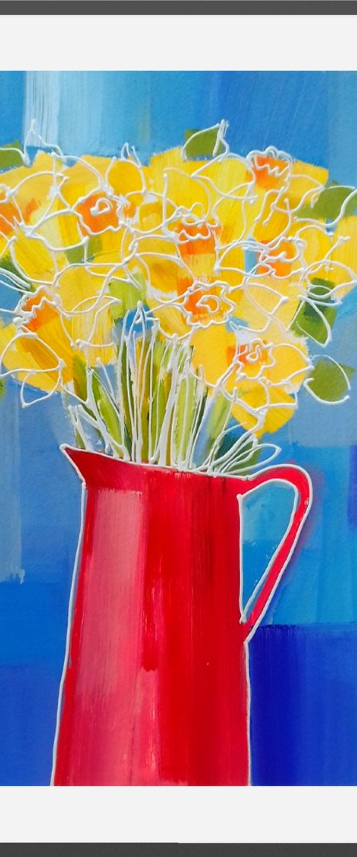 Daffodils in a Red Jug II by Jan Rippingham