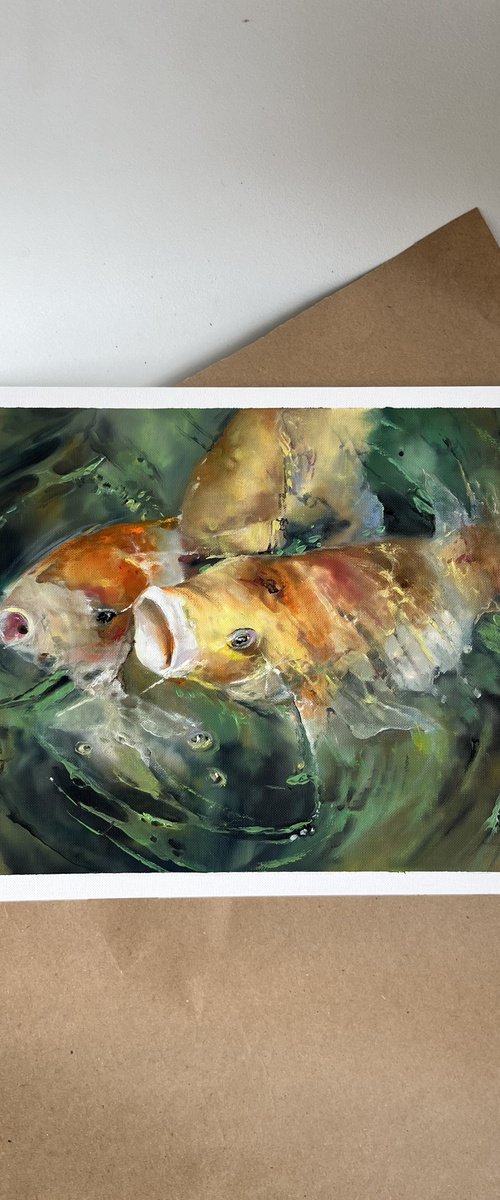 Turquoise Water Sunlight Koi Fishes by Myroslava Denysyuk
