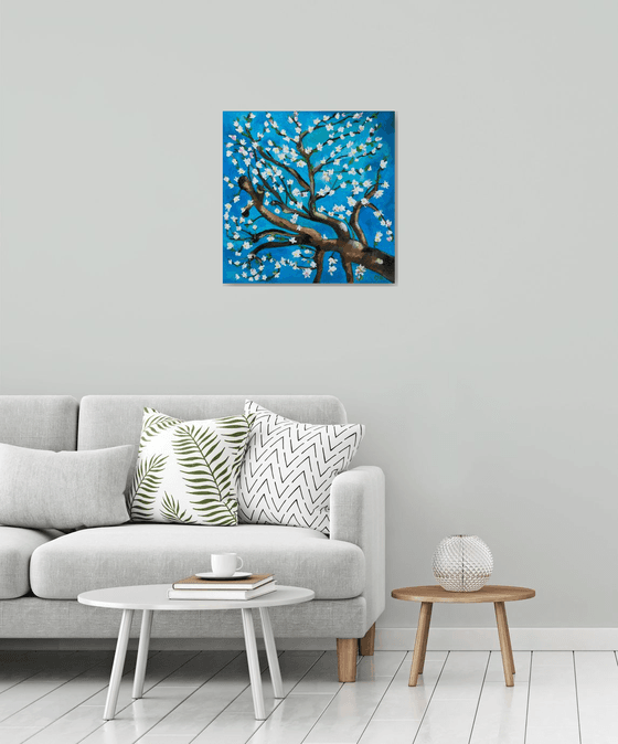 Almond blossom on turquoise inspired by Vincent Van Gogh oil painting ready to hang