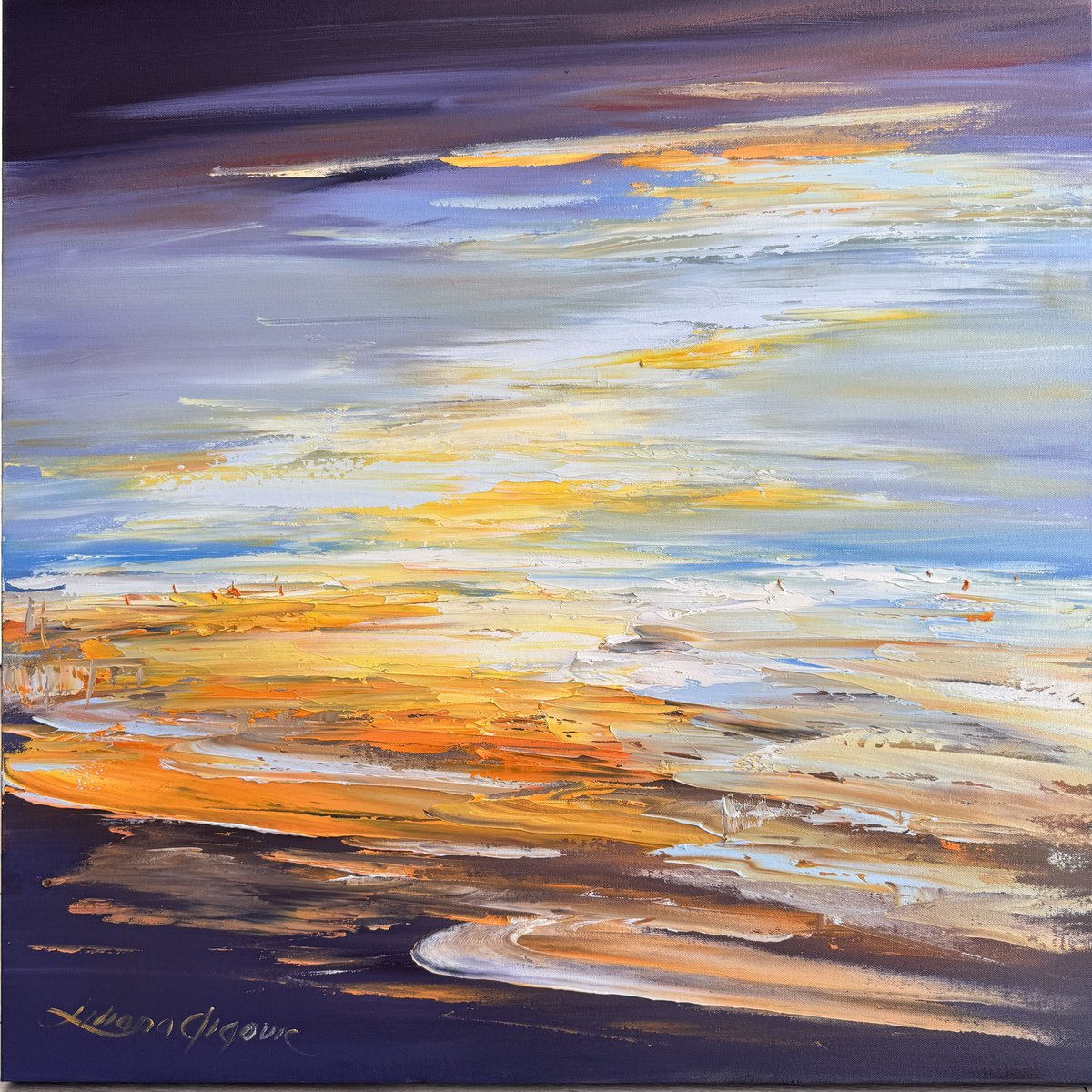 Impressionistic Landscape Oil Painting By Liliana Gigovic, 30 X 30", Sunset Drift, Original Artwork