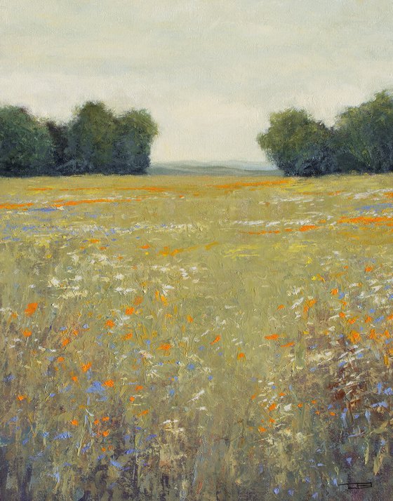 Wild Flower Field 230126, trees and flower field impressionist landscape painting