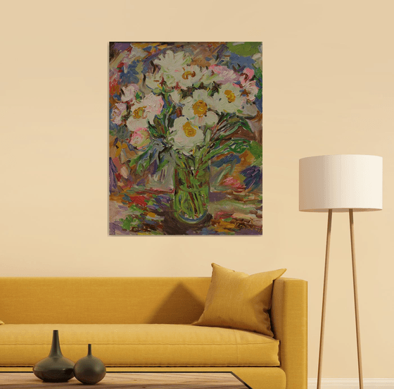 Bouquet - Still Life - Flowers in vase - Medium Size - Oil Painting - Gift Art - Living Room Decor