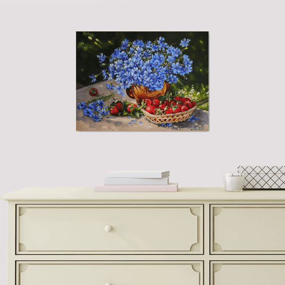 Blue Cornflowers with Strawberries