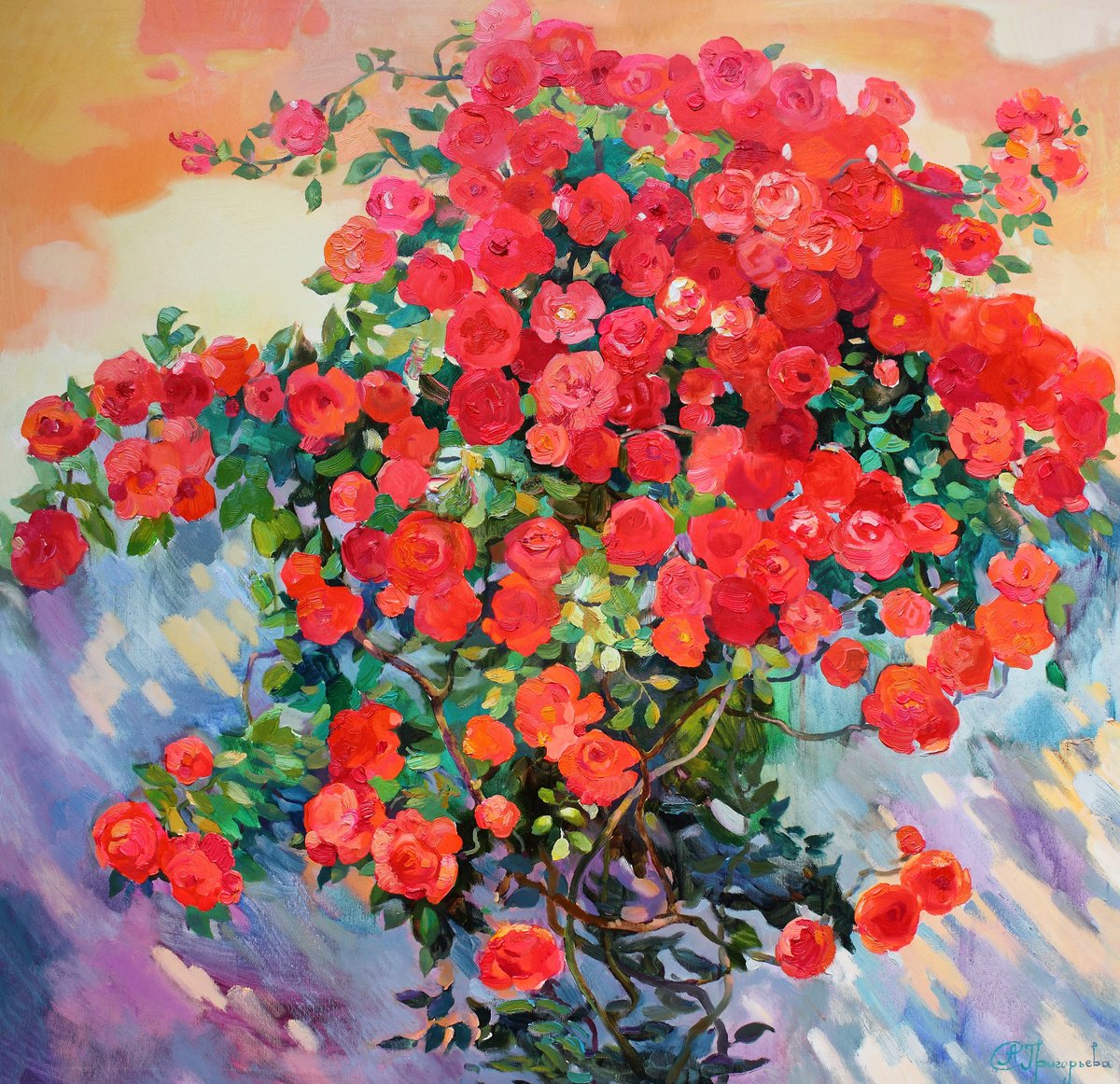 Impressionistic Botanical Oil Painting By Anastasiia Grygorieva, 47 X 47, A Cloud Of Roses, Original Artwork