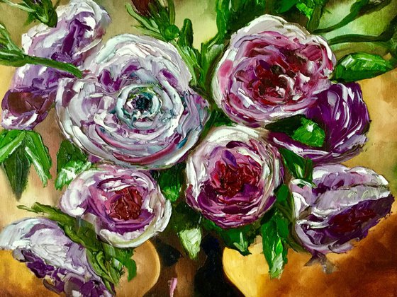 BOUQUET OF PURPLE ROSES palette knife modern red pink purple  still life  flowers Dutch style office home decor gift