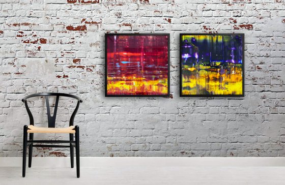 "The Bold And The Beautiful" - Save As A Series - Original PMS Abstract Diptych Oil Paintings On Plexiglass, Framed - 52" x 26"