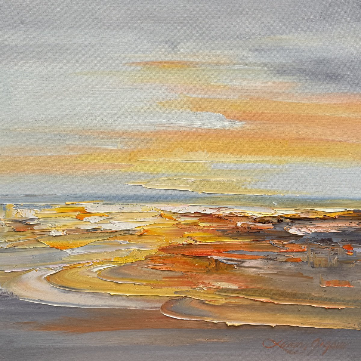 Impressionistic Landscape Oil Painting By Liliana Gigovic, 24 X 24", A Brand New Day No 83 ( Free Shipping ), Original Artwork