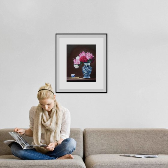 Peonies, Teacup, Fan & Chinese Vase