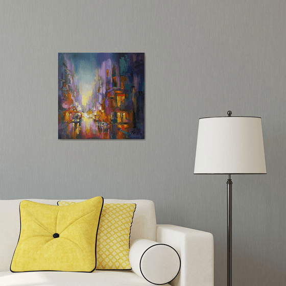 Painting Cityscape - Evening city, megapolis, evening lights, original oil art