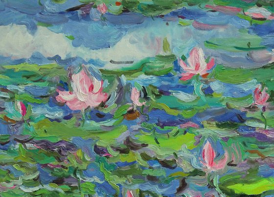 PINK LOTUS - floral landscape, original oil painting, waterscape, water lily pond, waterlilies, large size 146x196 cm