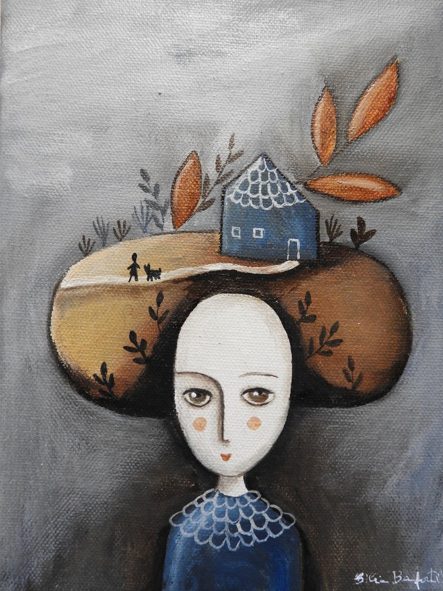 Illustrative Portrait Oil Painting By Silvia Beneforti, 7 X 9", Thinking About Home, Original Artwork