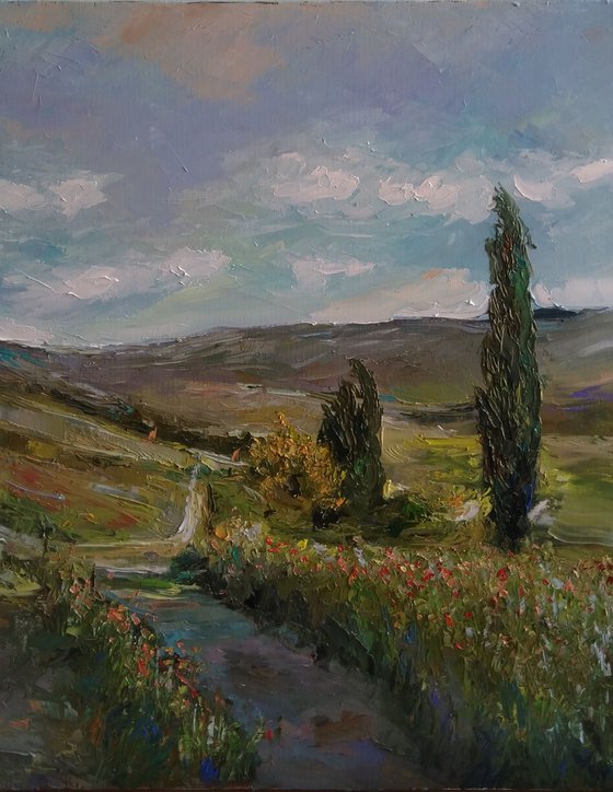 The road to the village (40x50cm, oil painting, impressionistic)