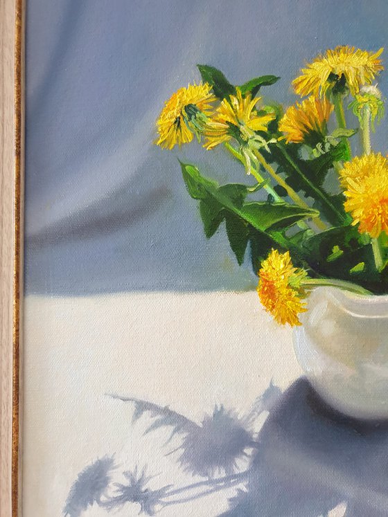 "Bouquet from a young gentleman. "  still life summer  dandelion   white liGHt original painting  GIFT (2021)