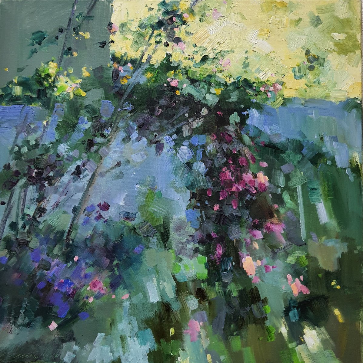 Expressive Landscape Oil Painting By Olha Laptieva, 16 X 16", Sun Splashes And Colors, Original Artwork