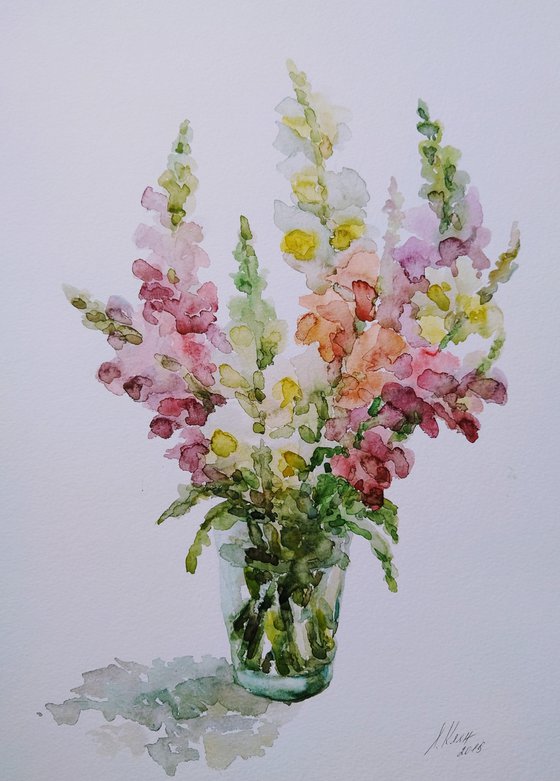 Bouquet. Antirrhínum.  Original watercolor painting.