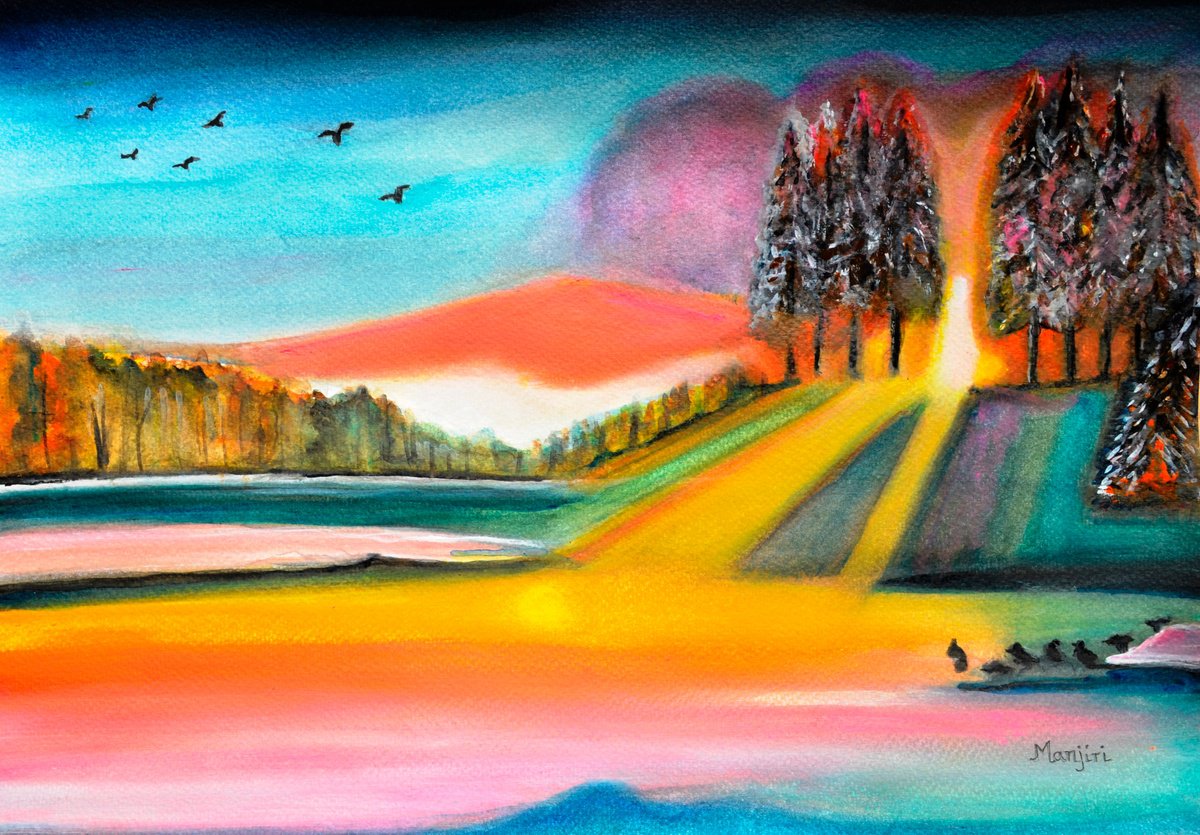 Pink Sunset watercolor landscape by Manjiri Kanvinde