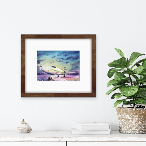 Sunset at the airport. Original watercolor.