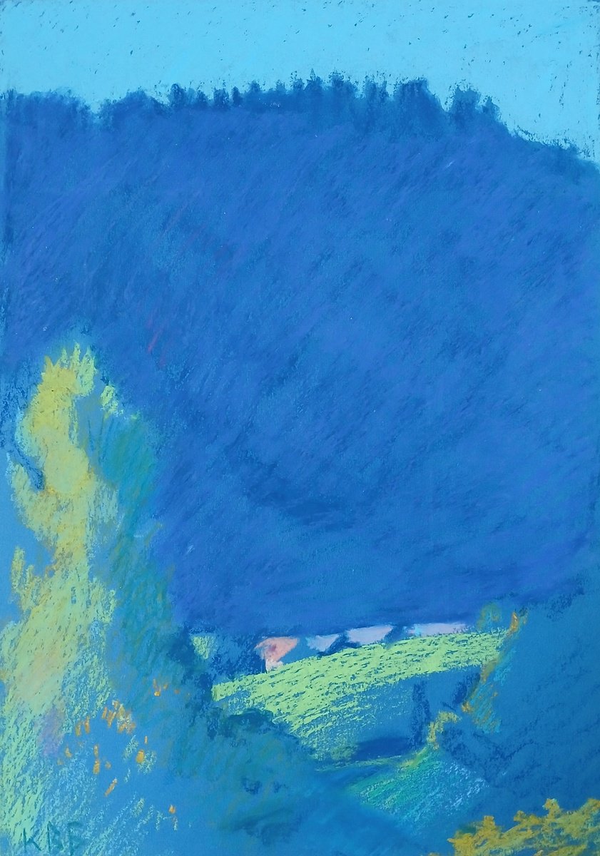 Graphic Landscape Pastel Drawing By Vasyl Koval, 8 X 12", Morning In The Mountains, Original Artwork