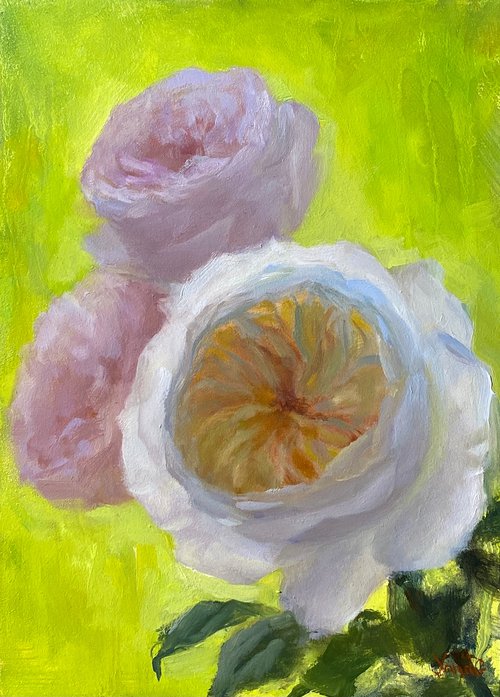 "Morning Glory Roses" Contemporary Original Botanical Still Life Oil Painting by Yana  Golikova