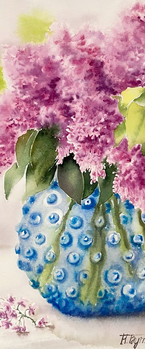 Lilac in blue vase by Natalia Butenko