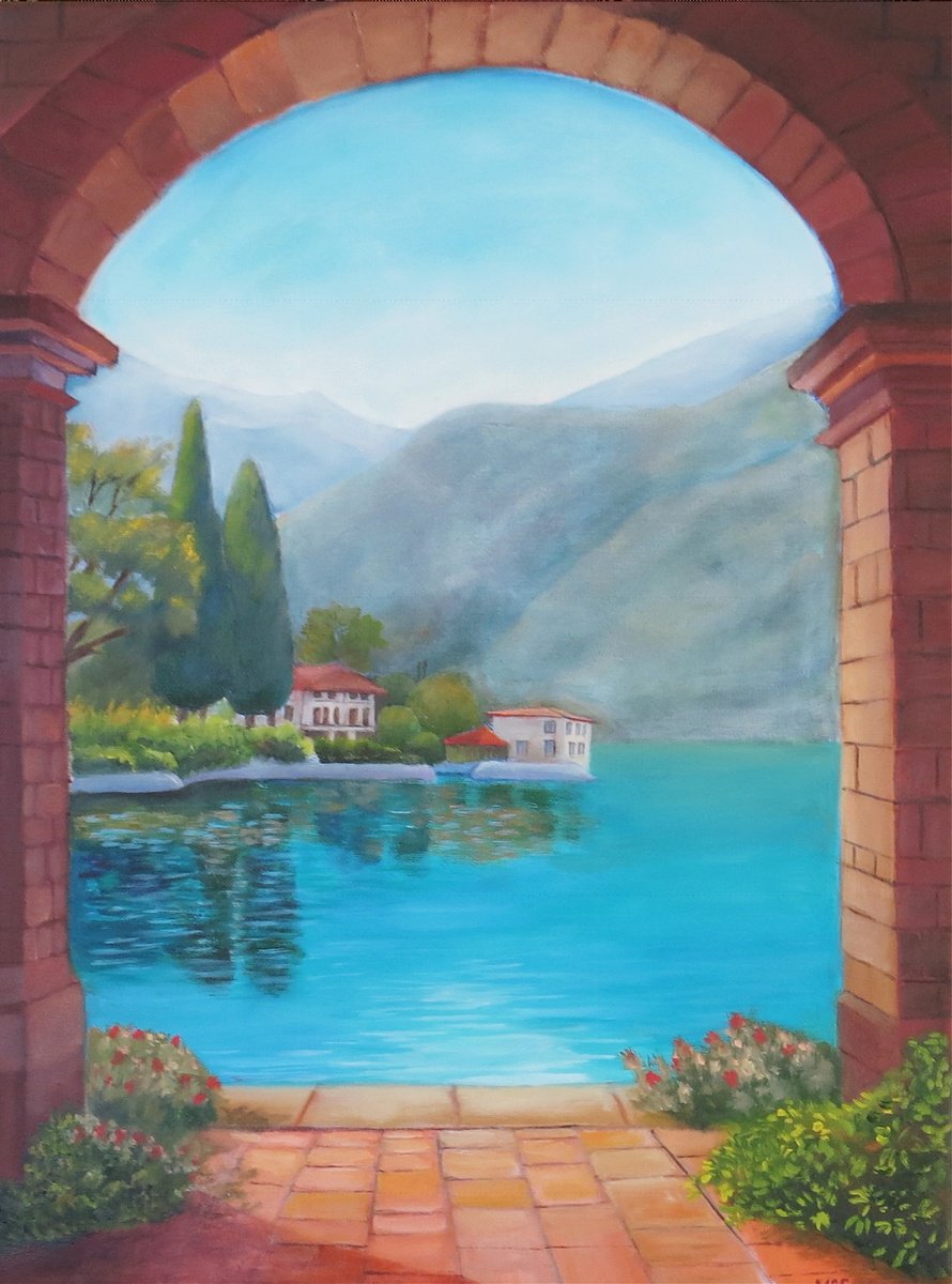 Impressionistic Landscape Oil Painting By Maureen Greenwood, 18 X 24", Italian Lake View, Original Artwork