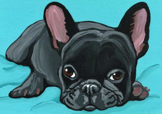 ACEO ATC Original Miniature Painting French Bulldog Pet Dog Art-Carla Smale