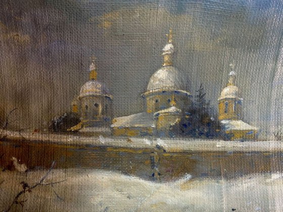 Winter landscape and monastery