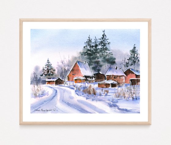 Winter in the country original watercolor painting with snow and sunset , medium format artwork on paper