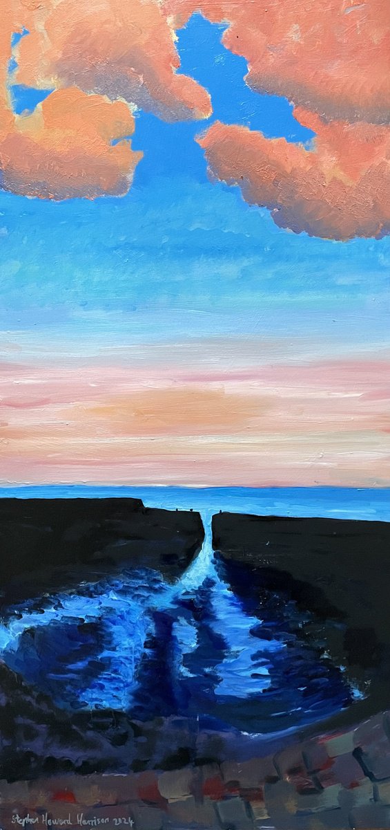 Expressive Landscape Oil Painting By Stephen Howard Harrison, 16 X 31", Sunset Over Cellardyke Harbour, Original Artwork