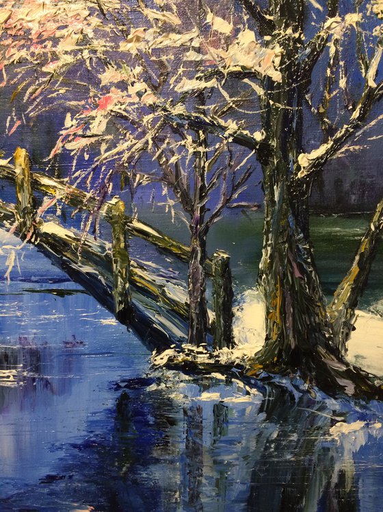 ARTIST'S DREAM - River. Evening. The park. Bridge. Winter evening. Snowy forest. Snowfall. Trees.