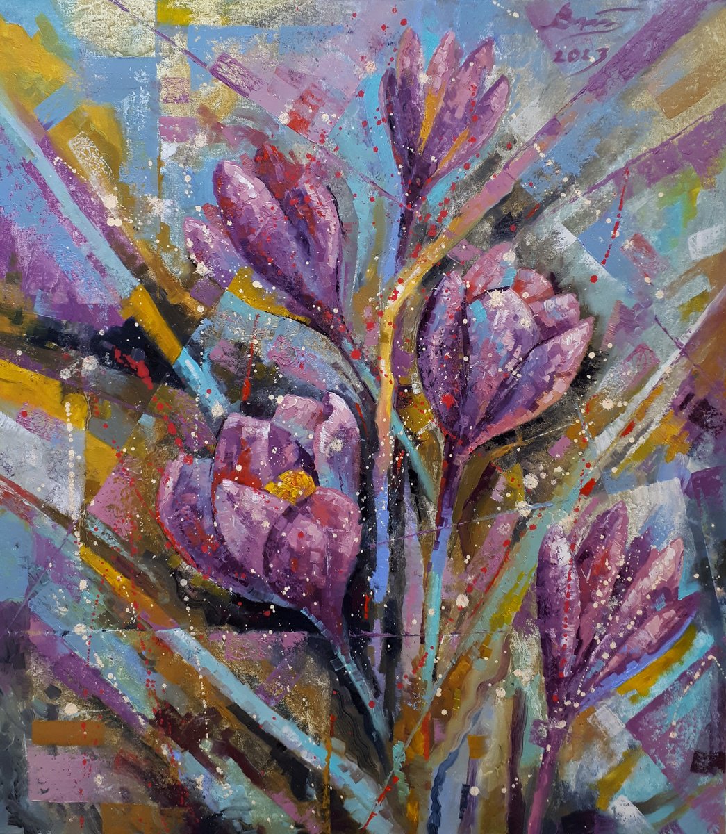Impressionistic Botanical Oil Painting By Serhii Voichenko, 28 X 32", Crocuses In March, Original Artwork