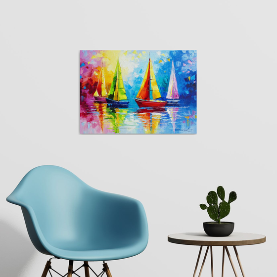 Sailboats in the rainbow dawn