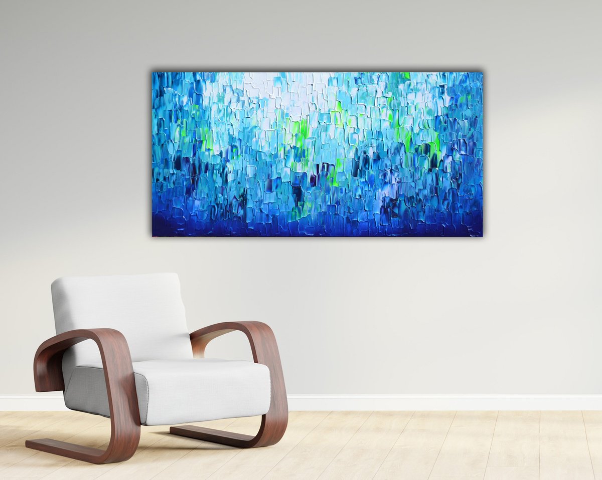 Impressionistic Landscape Acrylic Painting By Soos Tiberiu, 39 X 20", Relief Blue 26, Original Artwork