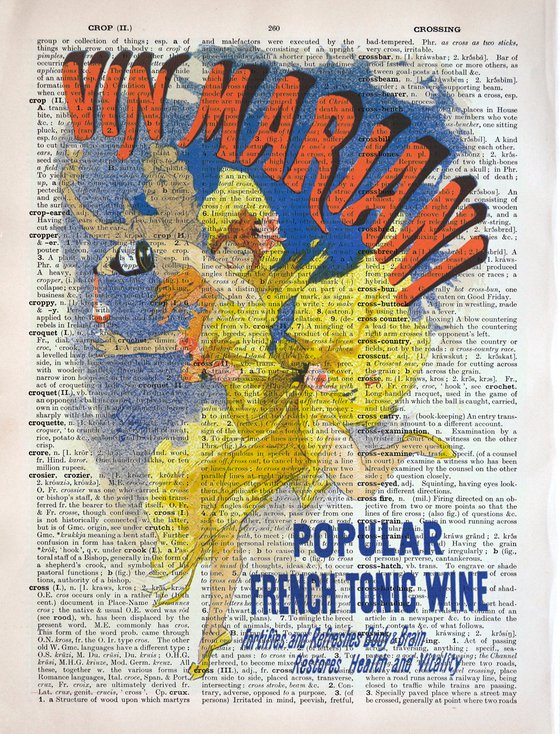 Vin Mariani - Collage Art Print on Large Real English Dictionary Vintage Book Page