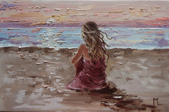 " LONELY EVENING ... " SUN SKY SEA SAND liGHt  ORIGINAL OIL PAINTING, GIFT, PALETTE KNIFE