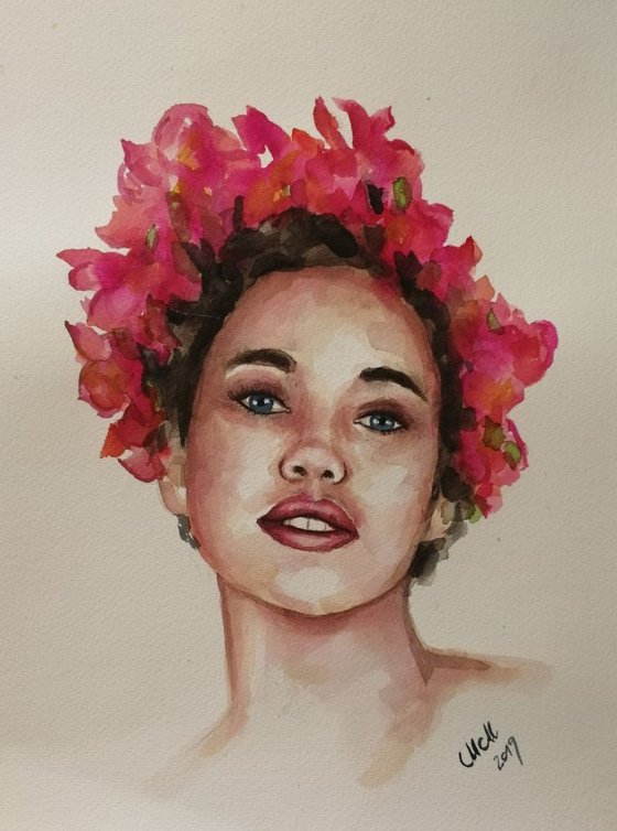 Girl with flowers - original watercolor portrait