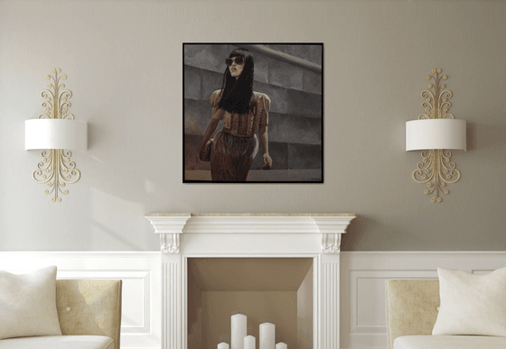 Conquer the city - asian woman female in pink and nude colors framed acrylic large painting