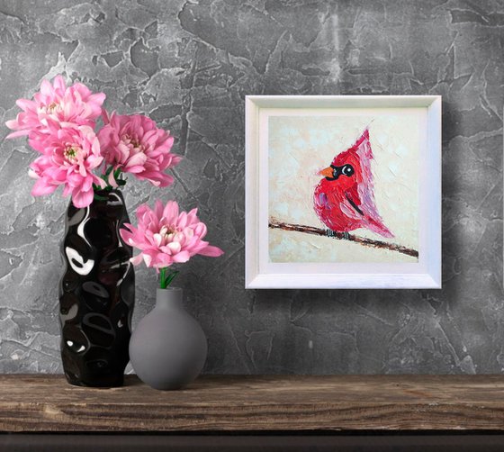 Cardinal Painting Original Art Red Bird Artwork Small Wall Art