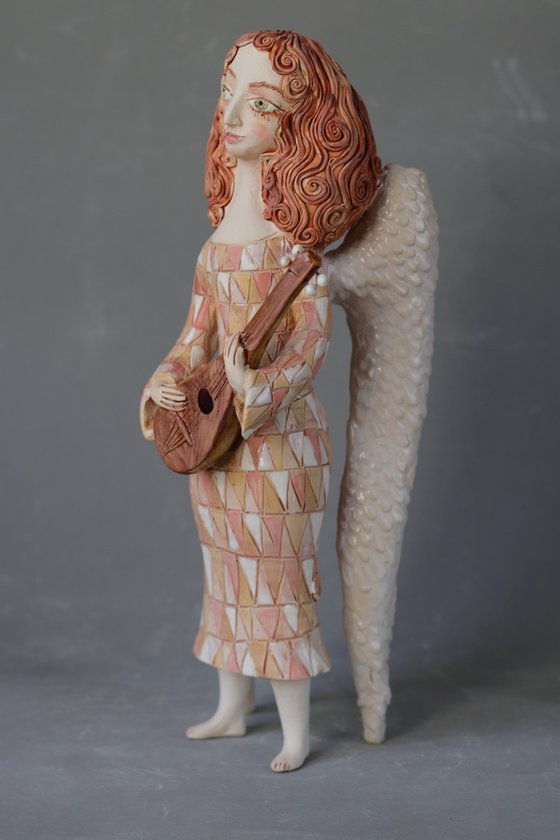 Angel with a Mandolin. Ceramic OOAK sculpture.