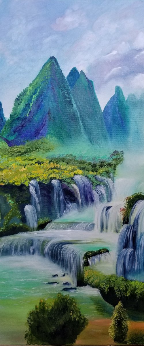 Original Oil Painting of The Waterfall, Jacob's Spring, Texas. Landscape Painting. Summer Painting. by Alexandra Tomorskaya/Caramel Art Gallery
